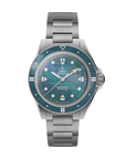 YEMA Navygraf Pearl CMM.20 Limited Edition diving watch with blue mop dial and mop bezel front view