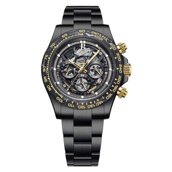 Bonest Gatti Carbon Fiber Bezel Skeleton Multi-function Mechanical Watch - Day, Month, 24-hour. BG8019-S1