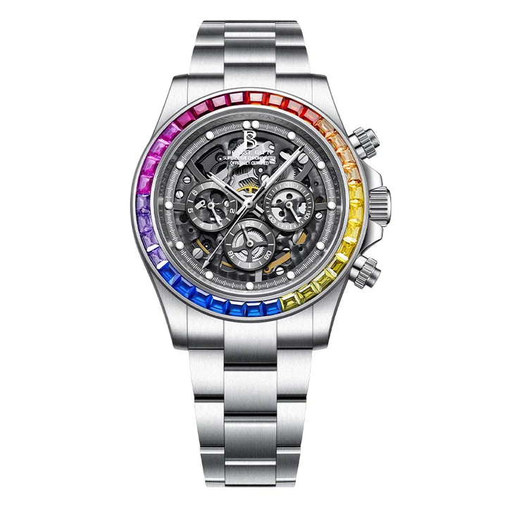 Bonest Gatti Rainbow Bezel Skeleton Multi-function Mechanical Watch - Day, Month, 24-hour. BG8019-S1