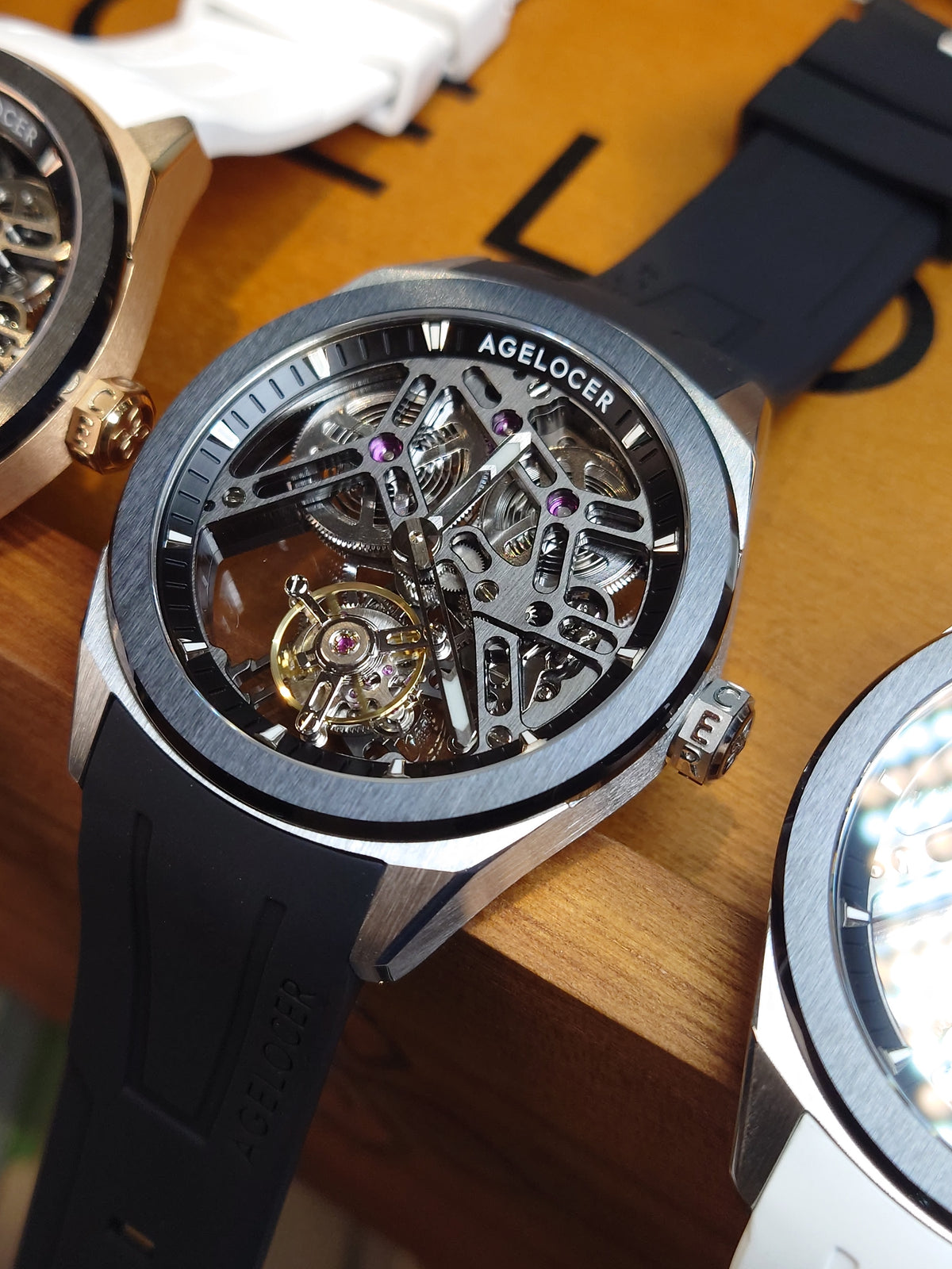 Agelocer 80-Hour Tourbillon Watch - Black Dial, Black Bezel, Rose Gold Case, Black Strap