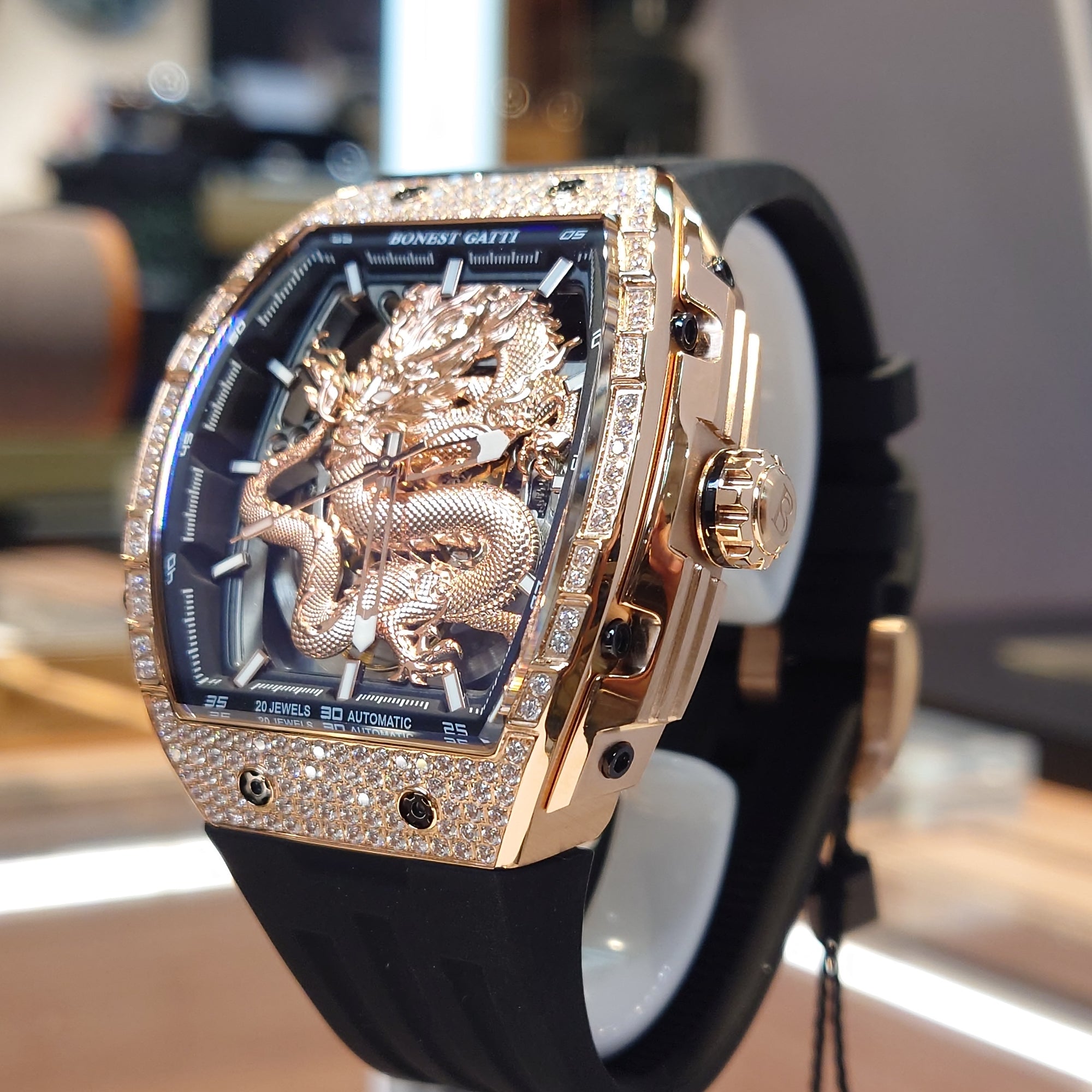 Bonest Gatti 現貨發售龍雕刻水晶自動錶 金色 BG5605-A2 膠帶