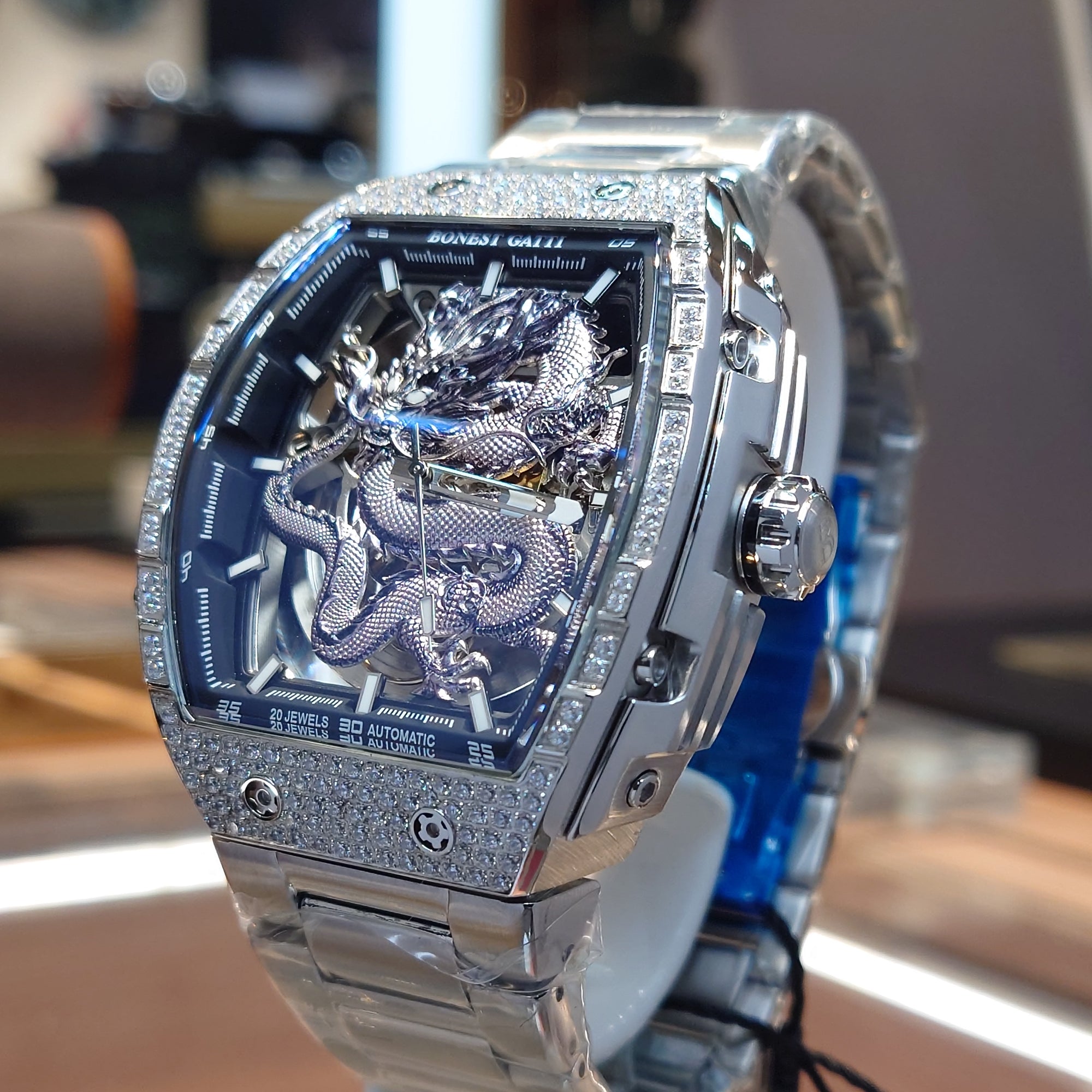 Bonest Gatti 現貨發售龍雕刻水晶自動錶 銀色 BG5605-S1 鋼帶