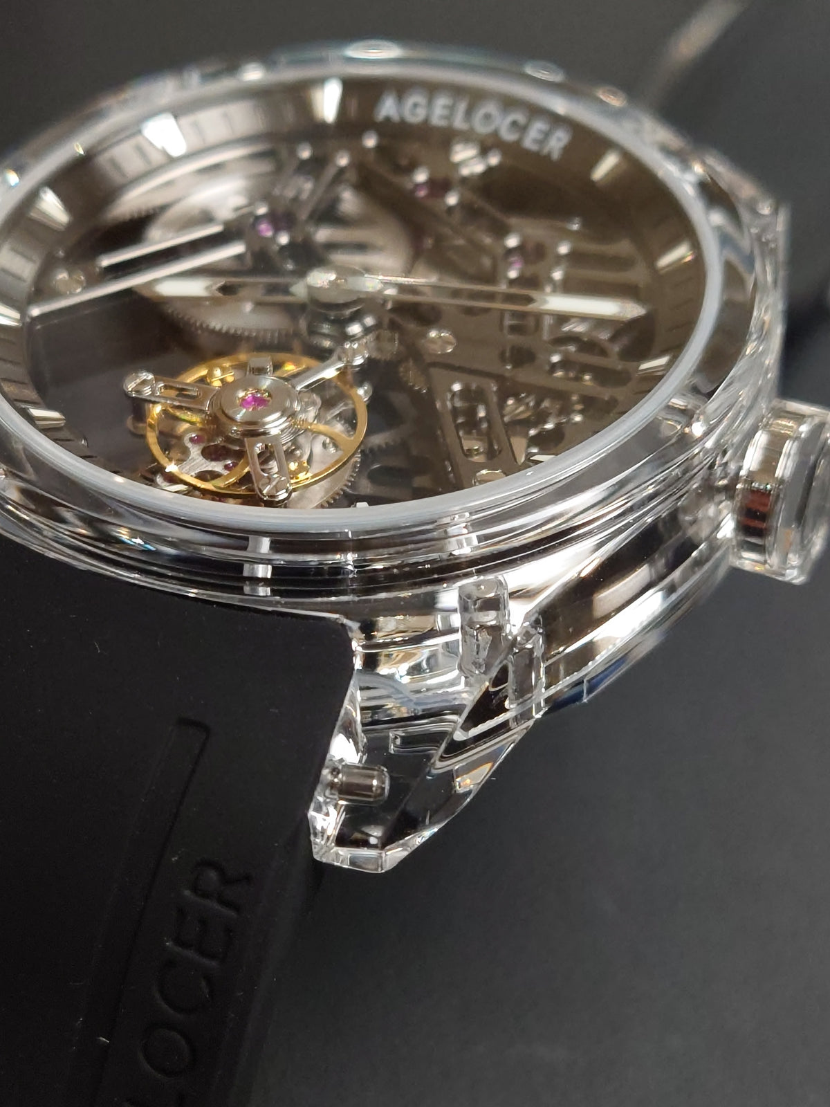 Agelocer 水晶錶殼80小時陀飛輪  - 黑面-黑膠帶