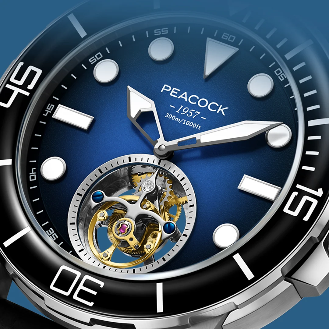 Peacock Ocean Wing Tourbillon 300M Diver Watch - 孔雀海洋之翼陀飛輪300米潛水錶 - PFG0201.01 Blue