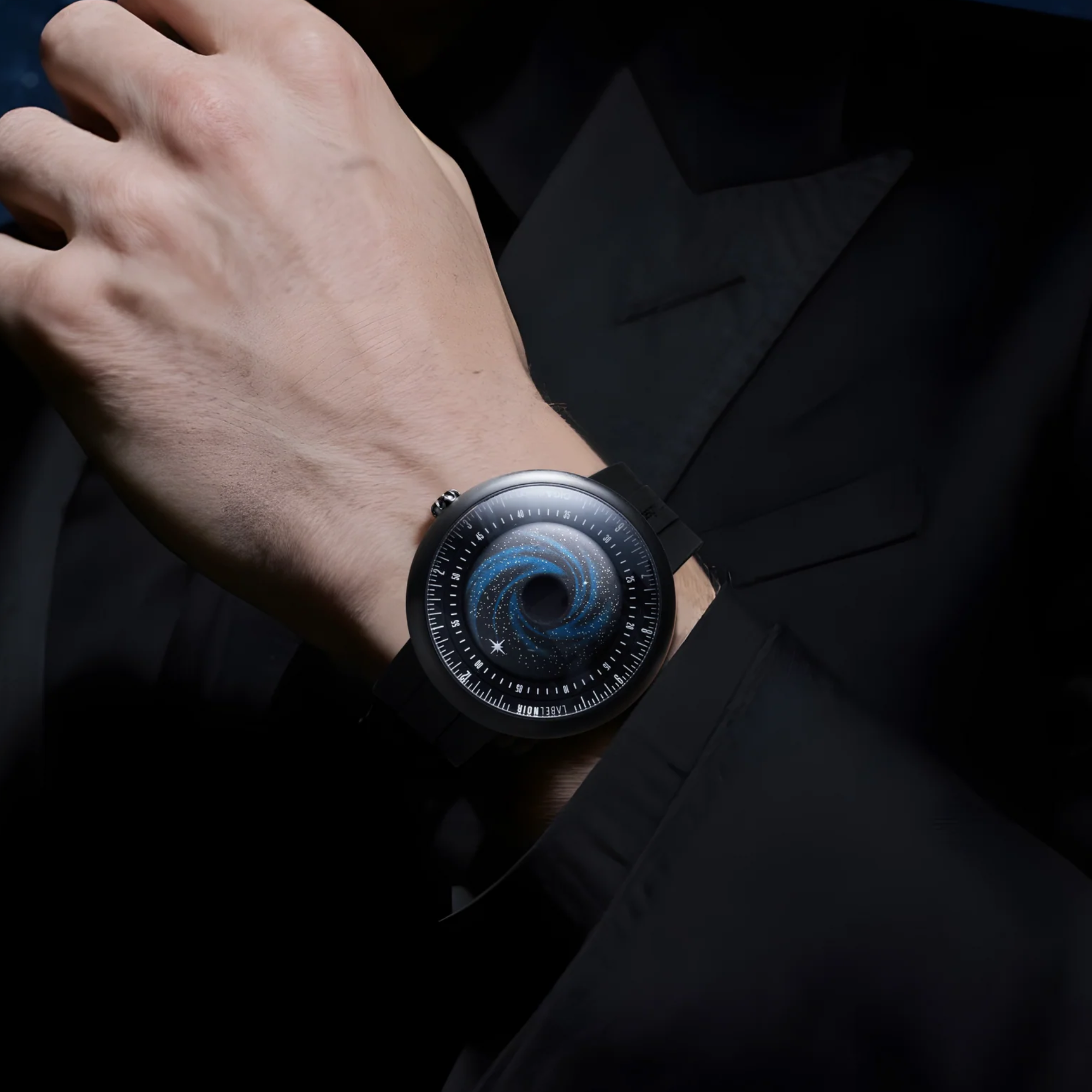 wrist shot CIGA design X LABEL NOIR AUTOMATIC WATCH BLUE PLANET II · BLACK STAR EDITION