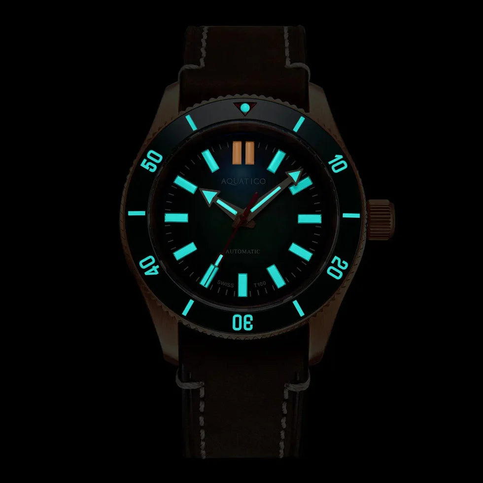 Aquatico Super Star Bronze Tritium T100氣燈 青銅潛水機械錶 Green Dial