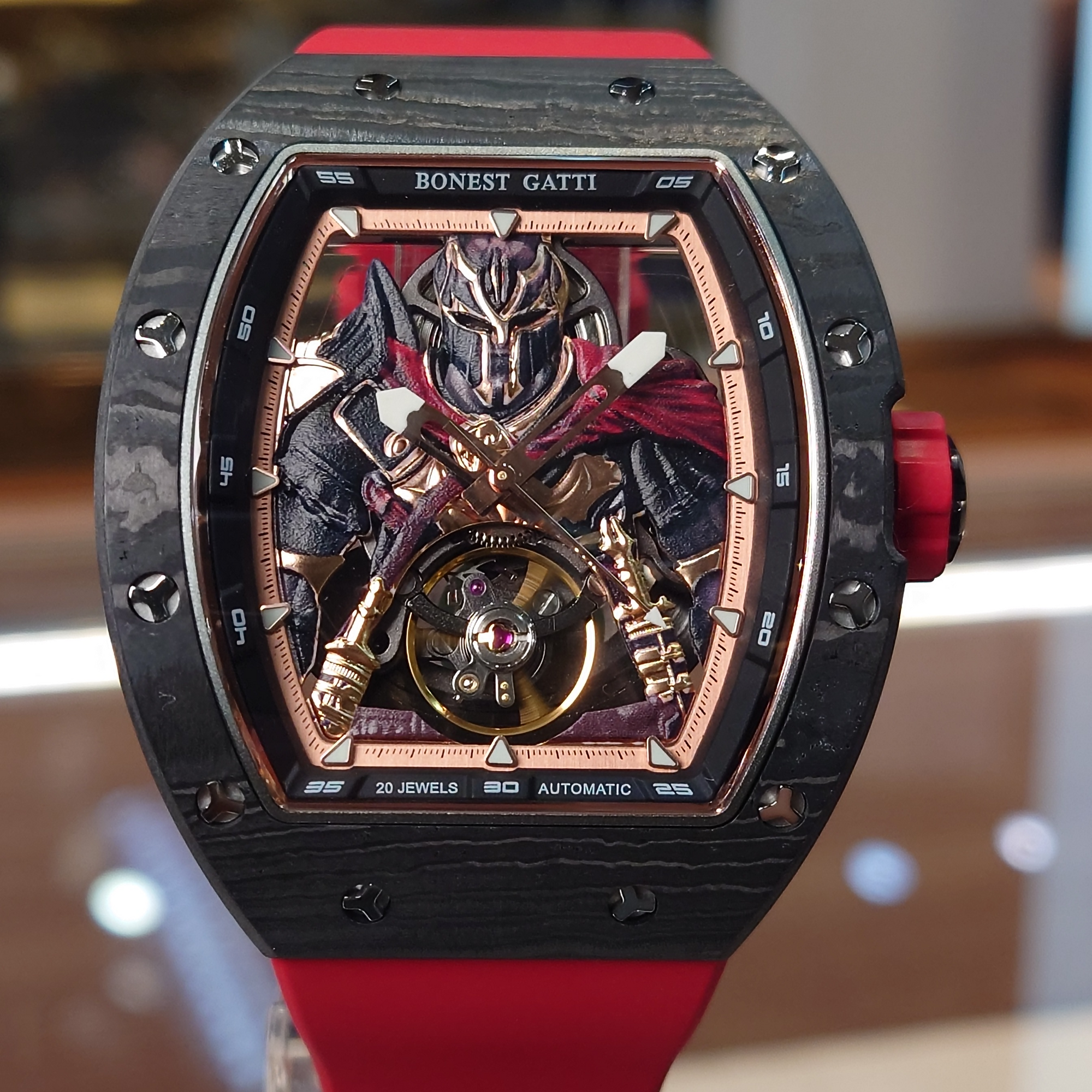 Bonest Gatti 現貨發售 酒桶形夜光碳纖維自動錶 斯巴達勇士-BG9009-R3 Red