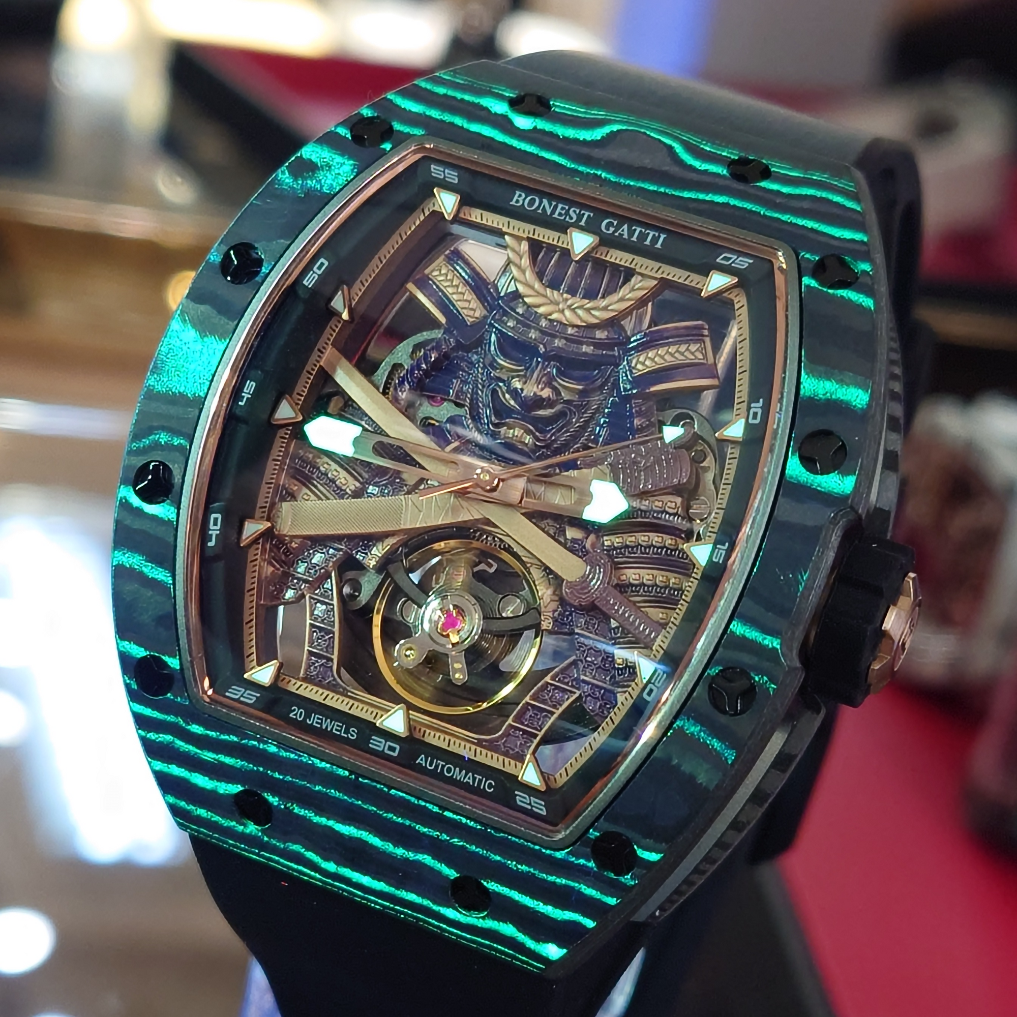 Bonest Gatti 現貨發售 酒桶形夜光碳纖維自動錶 東瀛武士-BG9008-R2 Black