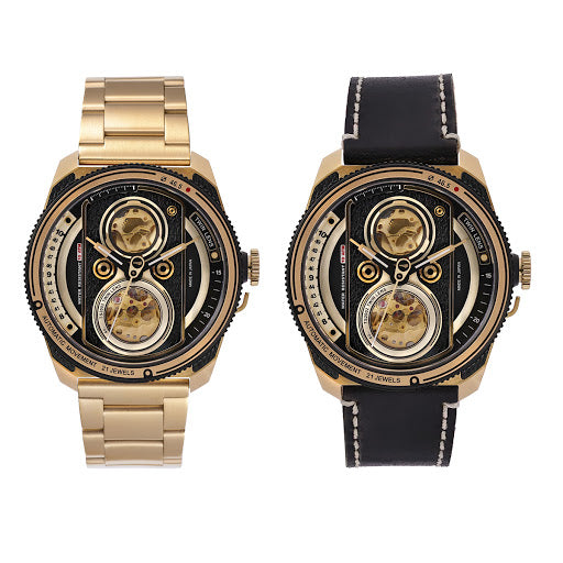 TACS ATL 復古黑金雙鏡頭自動錶 Automatic Twin Lens Retro 2002BZ Gold Limited Exclusive Box Set 黑色皮帶 + 金色鋼帶