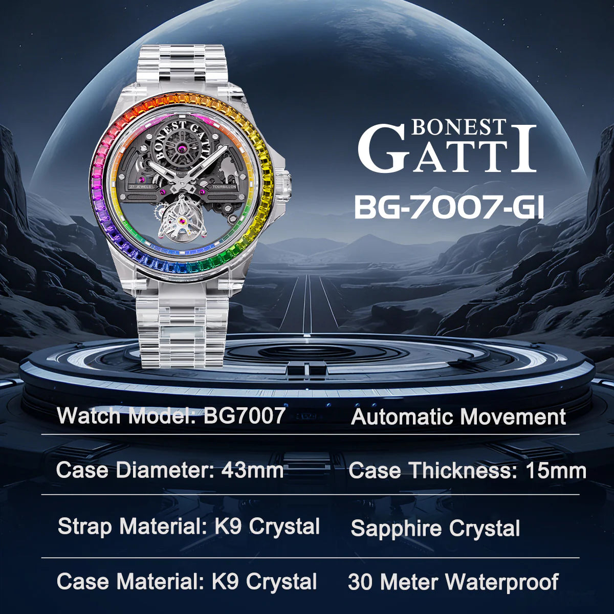 Bonest Gatti 72小時彩虹水晶自動陀飛輪 V2 BG7007-G1