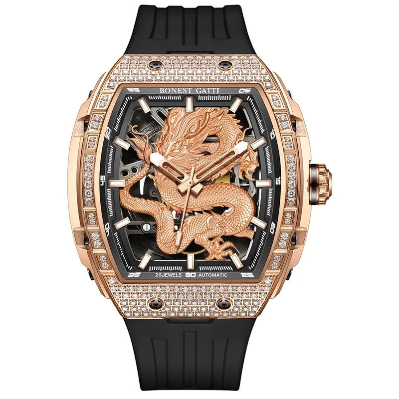 Bonest Gatti 現貨發售龍雕刻水晶自動錶 金色 BG5605-A2 膠帶
