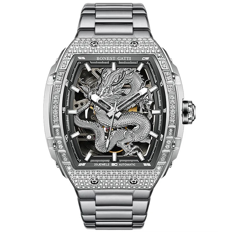 Bonest Gatti 現貨發售龍雕刻水晶自動錶 銀色 BG5605-S1 鋼帶