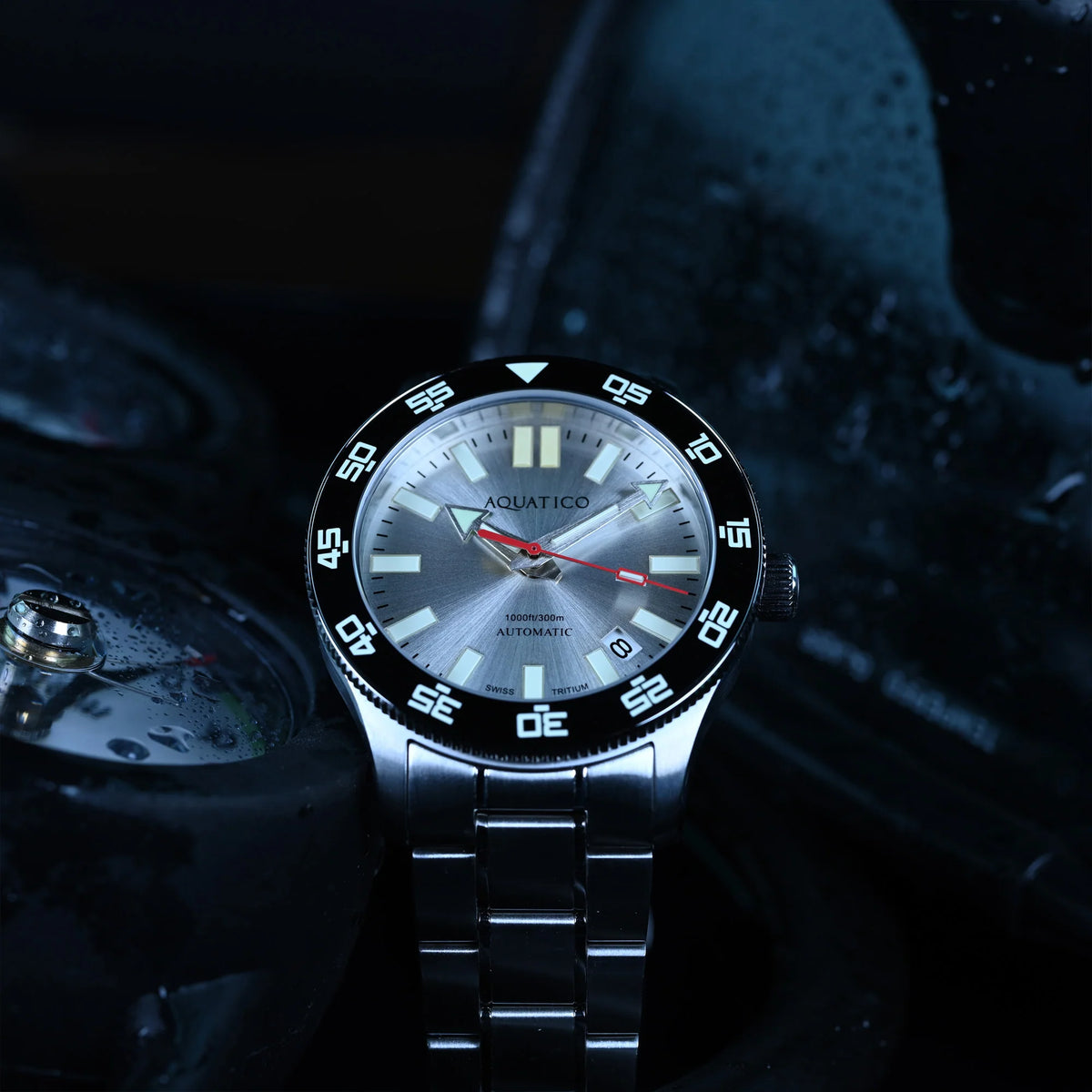 Aquatico Atlas Tritium Watch Fumé Silver Dial T100氣燈潛水機械錶