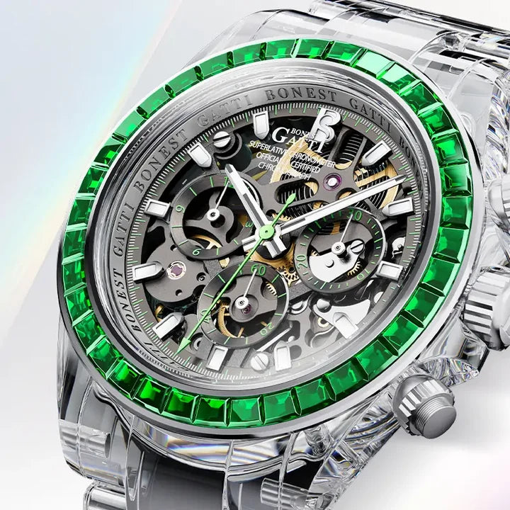 Bonest Gatti K9 Crystal + Rainbow Bezel Skeleton Chronograph Automatic - BG6009-G2