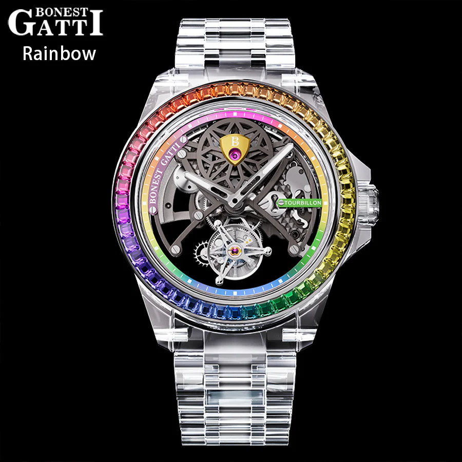 BONEST GATTI Rainbow K9 Cryatal Case Strap Automatic Skeleton Tourbillon Watch