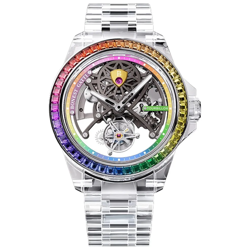 BONEST GATTI Rainbow K9 Cryatal Case Strap Automatic Skeleton Tourbillon Watch
