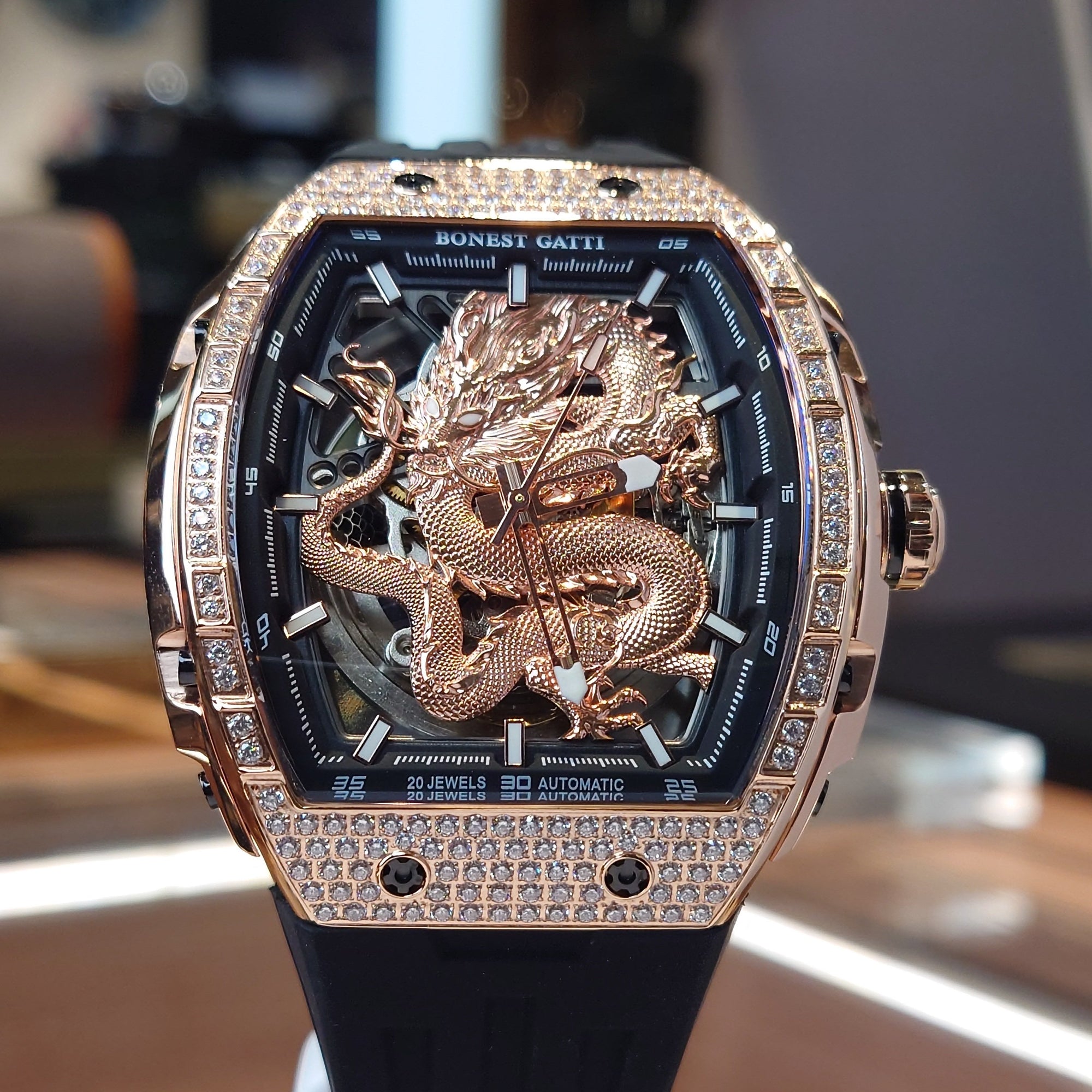 Bonest Gatti 現貨發售龍雕刻水晶自動錶 金色 BG5605-A2 膠帶
