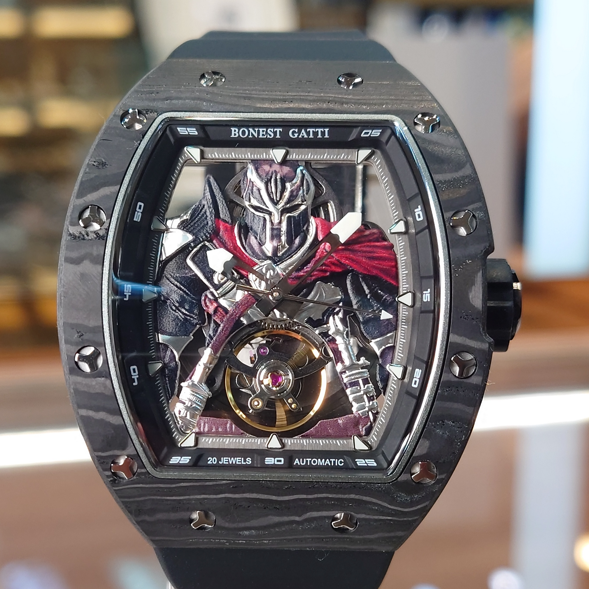 Bonest Gatti 現貨發售 酒桶形夜光碳纖維自動錶 斯巴達勇士-BG9009-R2 Black