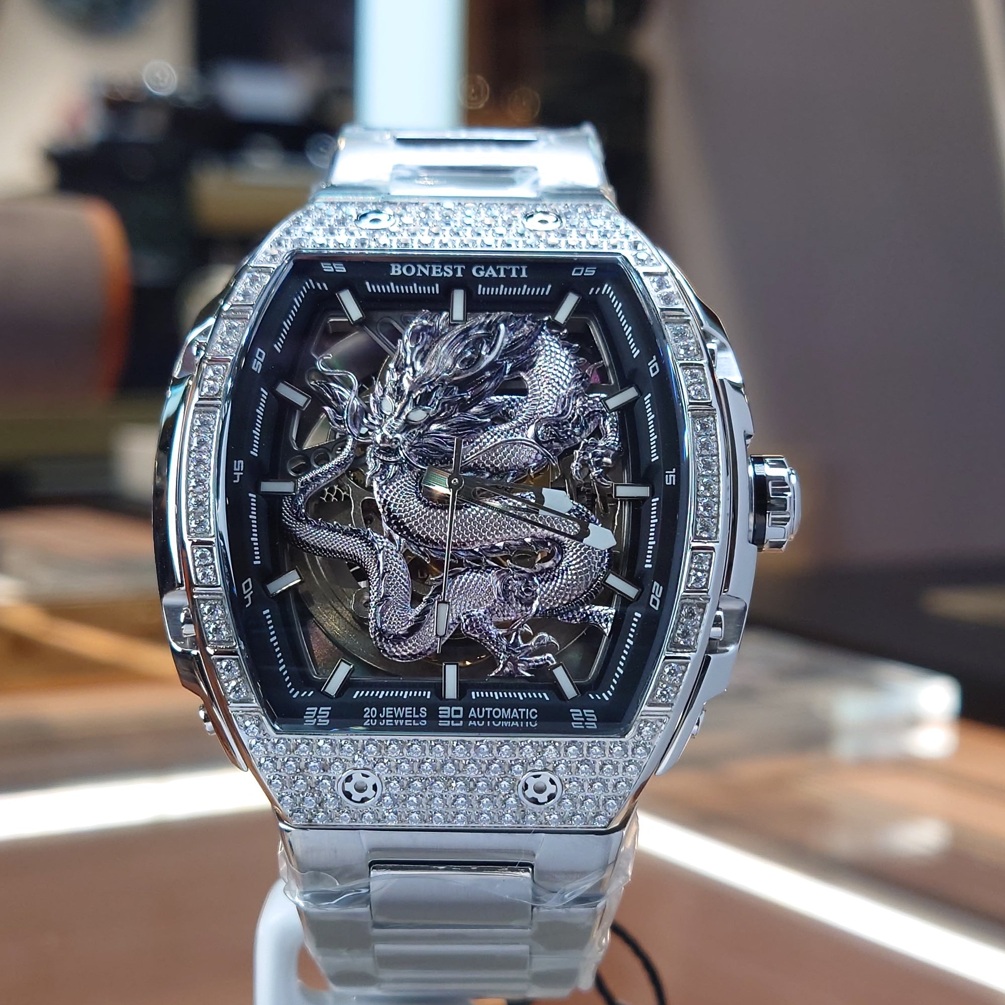 Bonest Gatti 現貨發售龍雕刻水晶自動錶 銀色 BG5605-S1 鋼帶