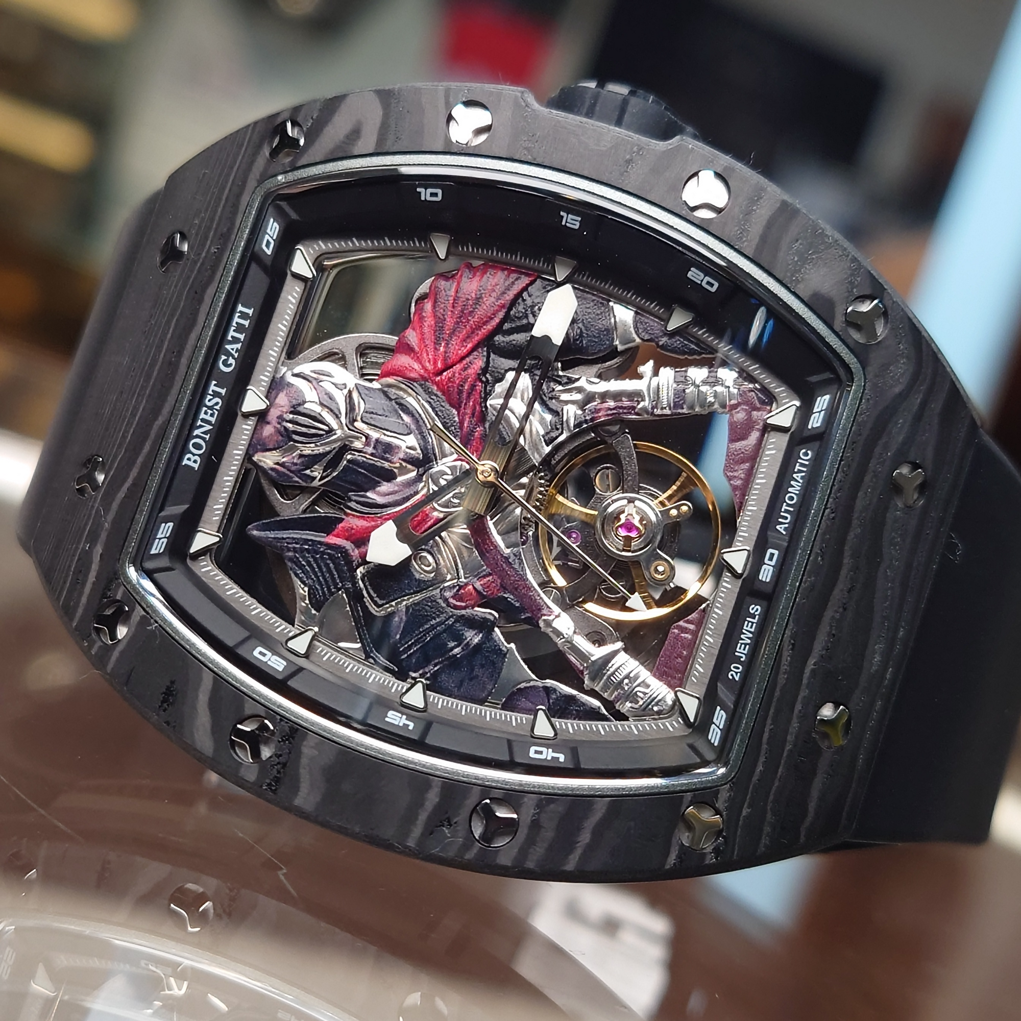 Bonest Gatti 現貨發售 酒桶形夜光碳纖維自動錶 斯巴達勇士-BG9009-R2 Black