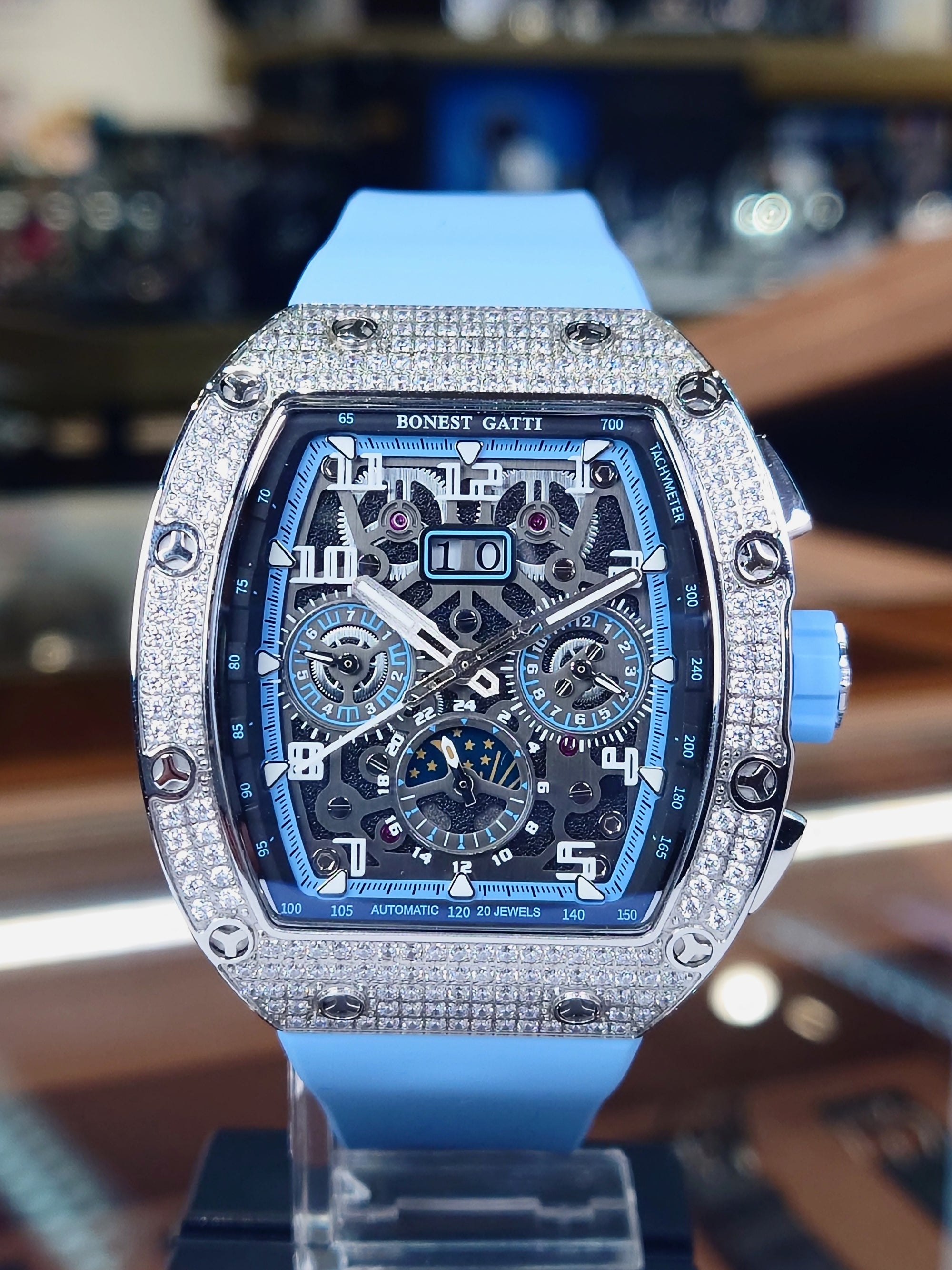 Bonest Gatti 酒桶形水晶多功能自動錶 BG5004-R4-BLUE