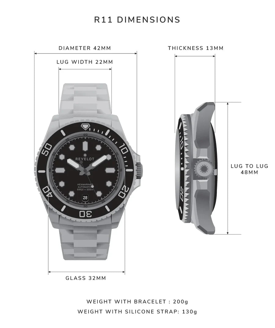 Revelot HEXMARINER 42 Old Mint Luminova Steel 42mm - R11-14A1B1B2 &amp; S22-1B1BB6