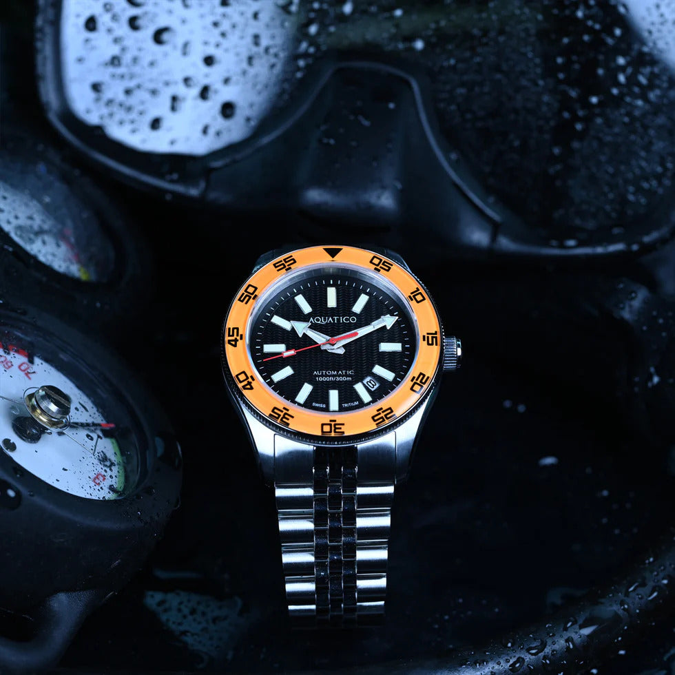 Aquatico Sea Recon 42mm Tritium Black Dial Orange Bezel T100氣燈潛水機械錶