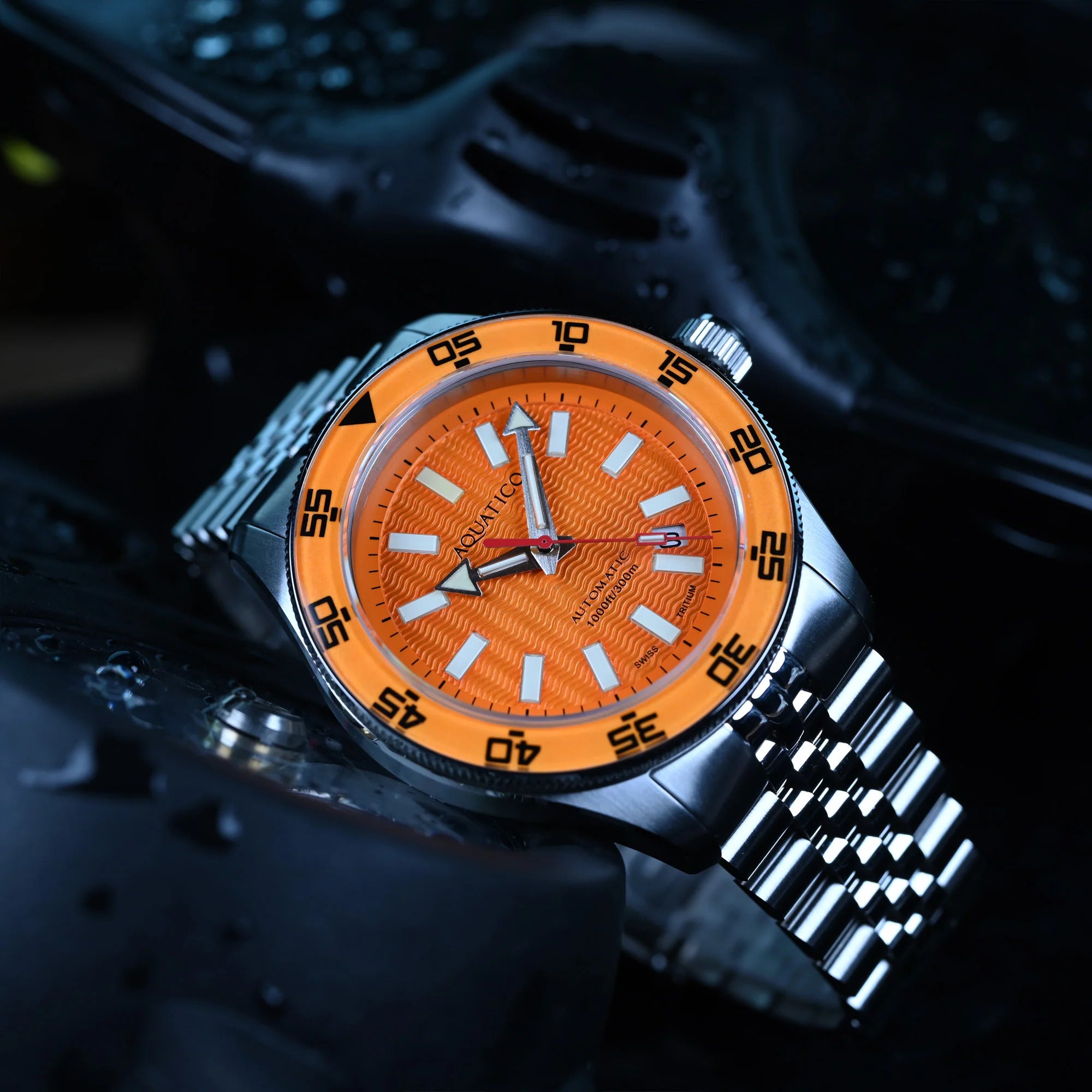 Aquatico Sea Recon 42mm Tritium Black Dial Orange Bezel T100 Gas Light Diving Mechanical Watch