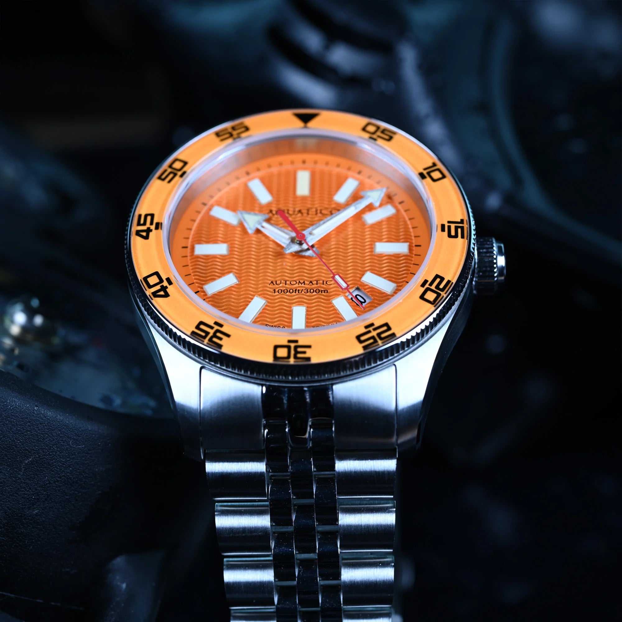 Aquatico Sea Recon 42mm Tritium Black Dial Orange Bezel T100 Gas Light Diving Mechanical Watch