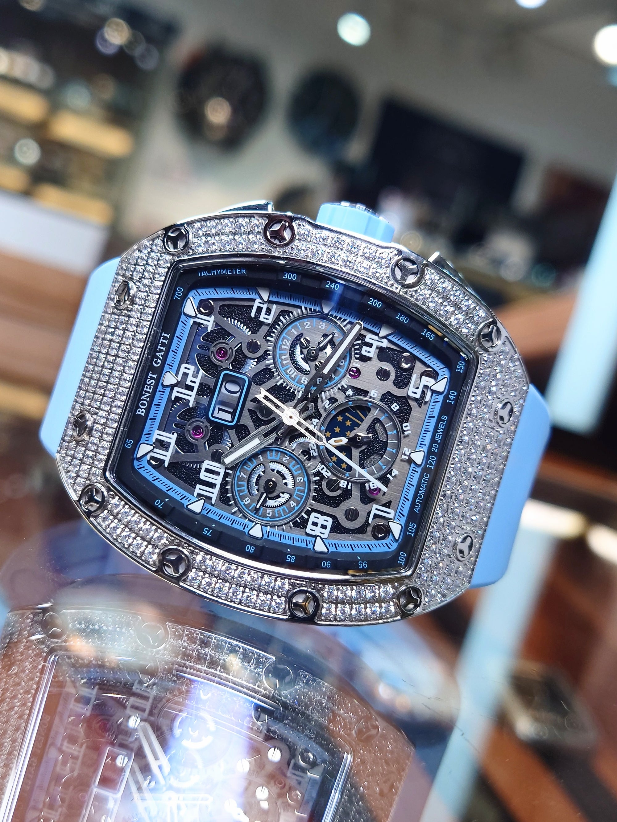 Bonest Gatti 酒桶形水晶多功能自動錶 BG5004-R4-BLUE