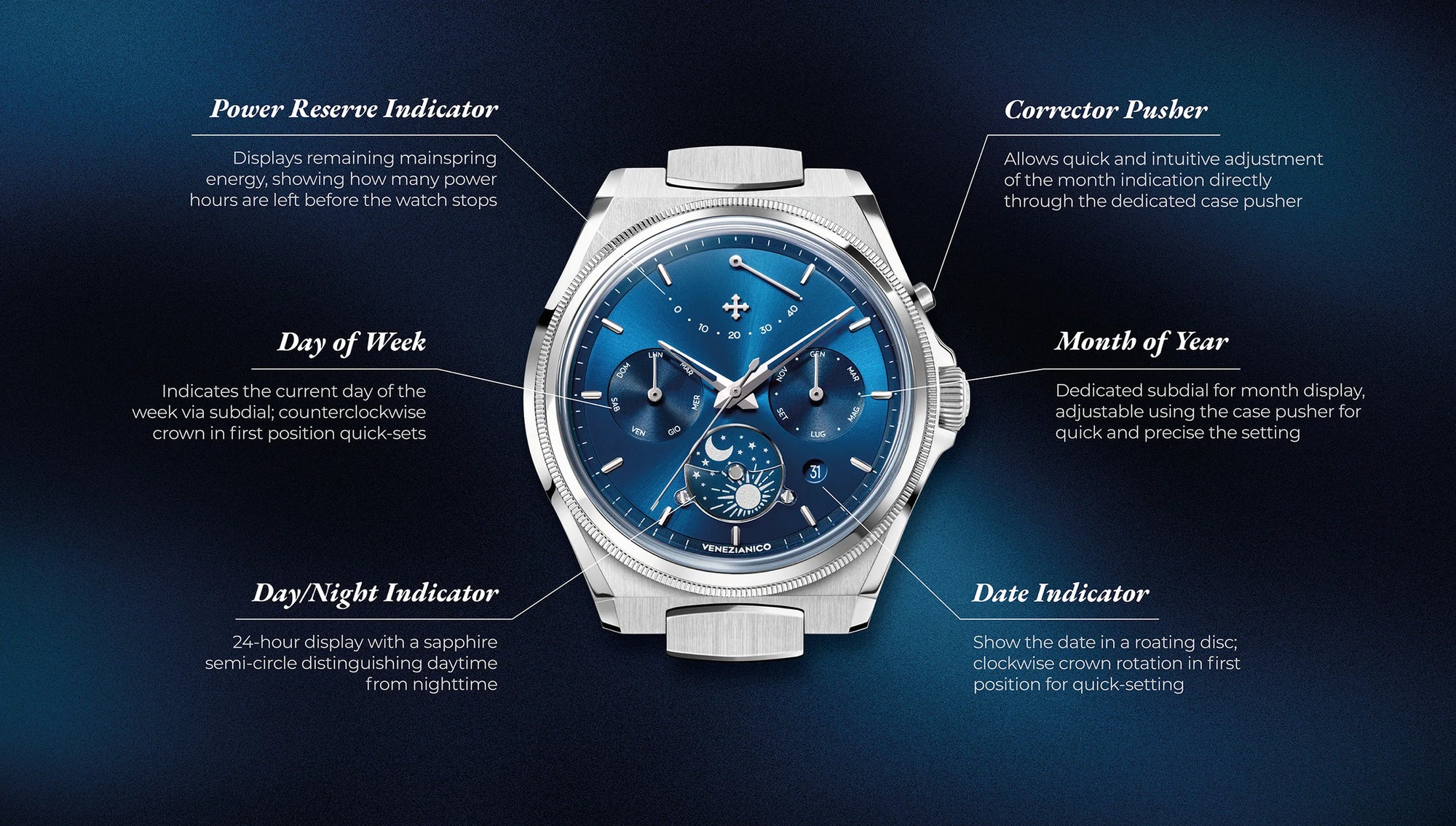 VENEZIANICO Arsenale Calendario 多功能顯示自動錶- 6221580C - Blue