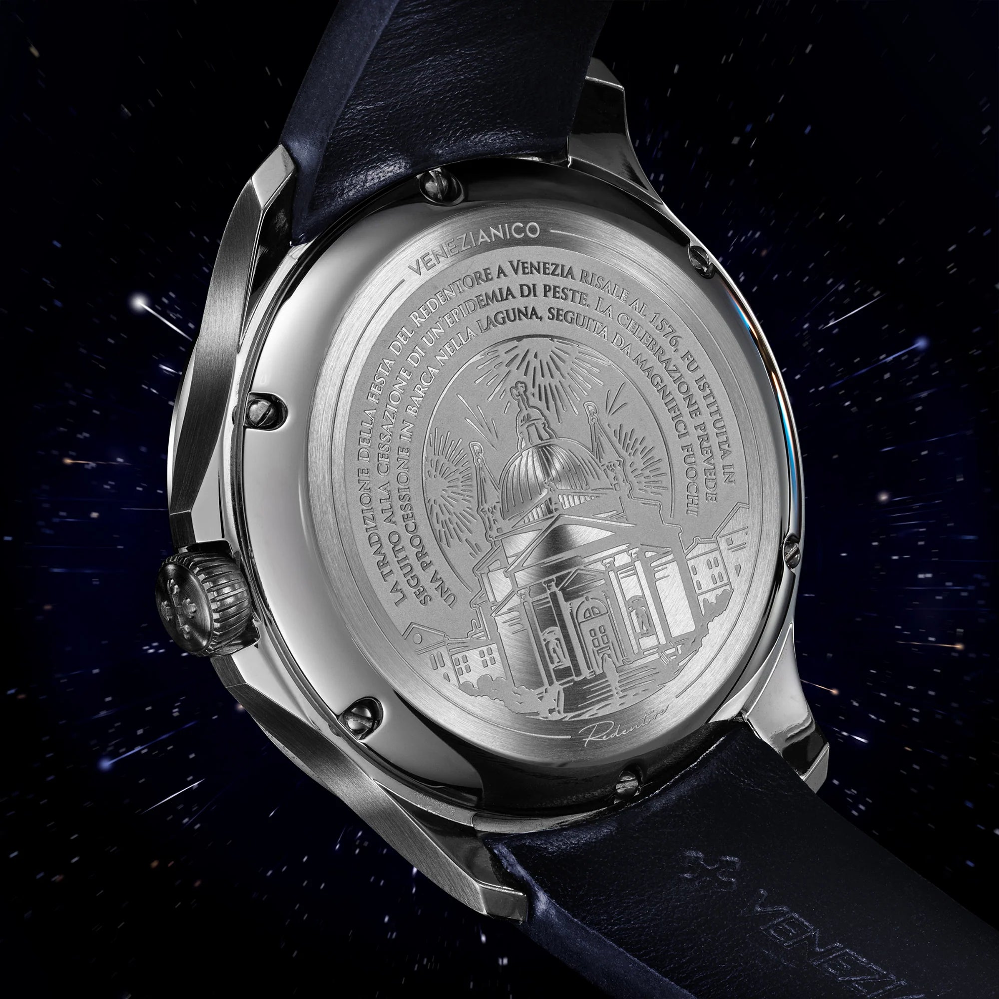 Venezianico 聖馬可教堂廣場 Redentore Bellanotte Elegant blue leather watch case back.