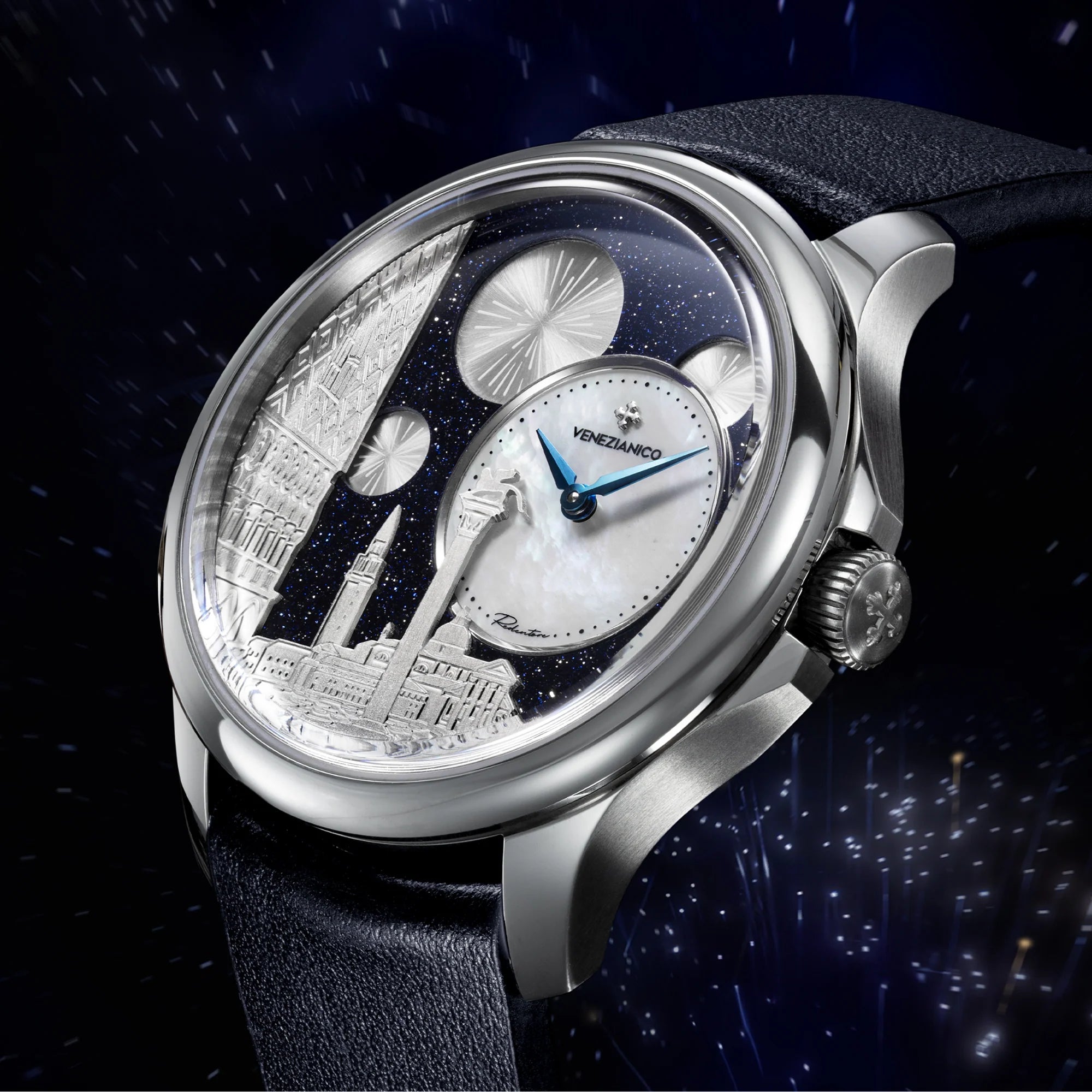 Venezianico 聖馬可教堂廣場 Redentore Bellanotte Elegant blue leather watch style shot.