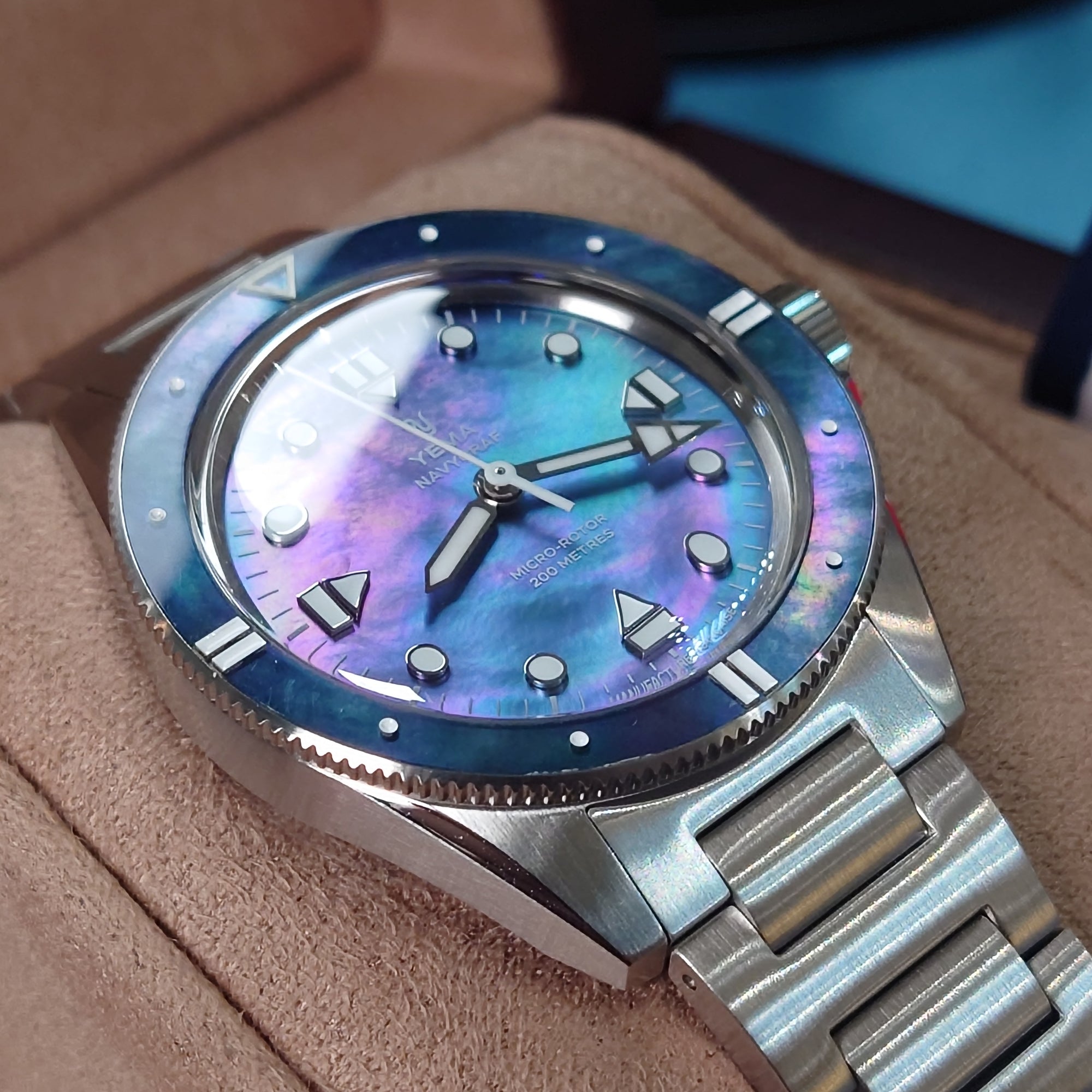 YEMA Navygraf Pearl CMM.20 Limited Edition diving watch with blue mop dial and mop bezel stainless steel bracelet