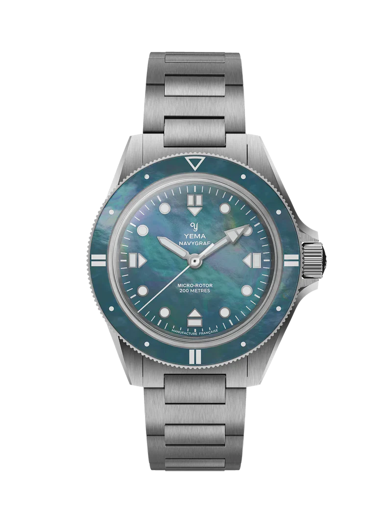 YEMA Navygraf Pearl CMM.20 Limited Edition diving watch with blue mop dial and mop bezel front view