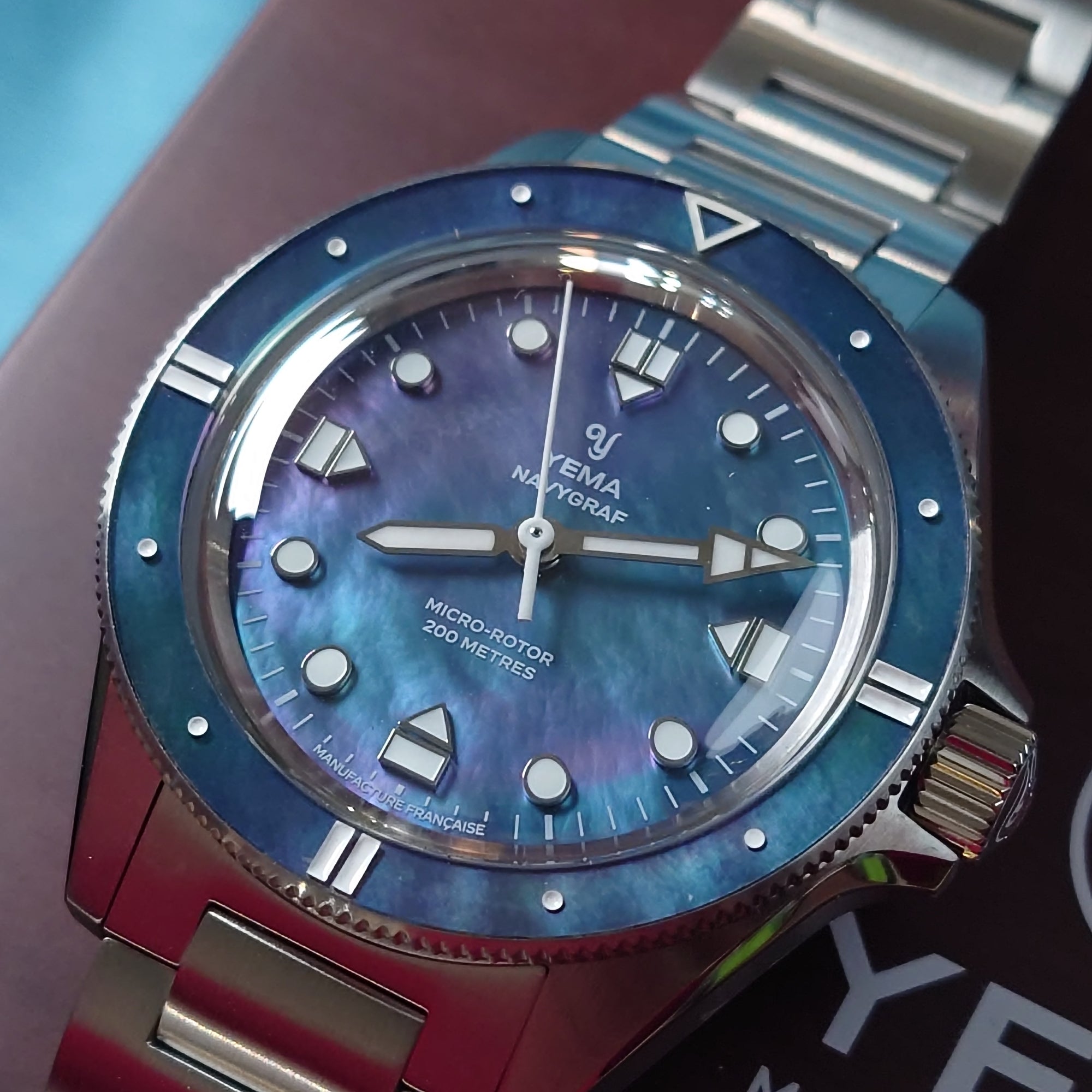 YEMA Navygraf Pearl CMM.20 Limited Edition diving watch with blue mop dial and mop bezel