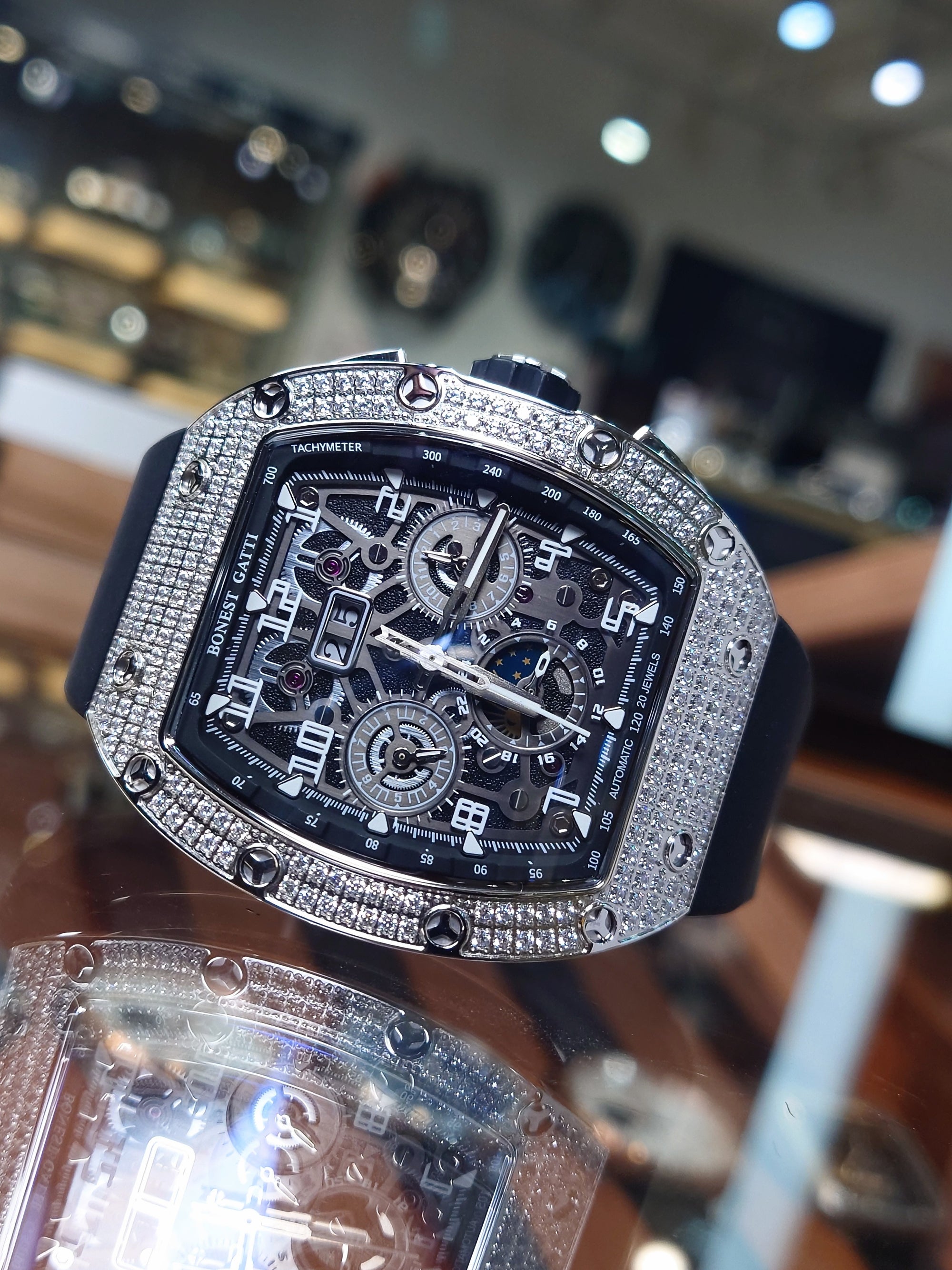 Bonest Gatti 酒桶形水晶多功能自動錶 BG5004-R1-black