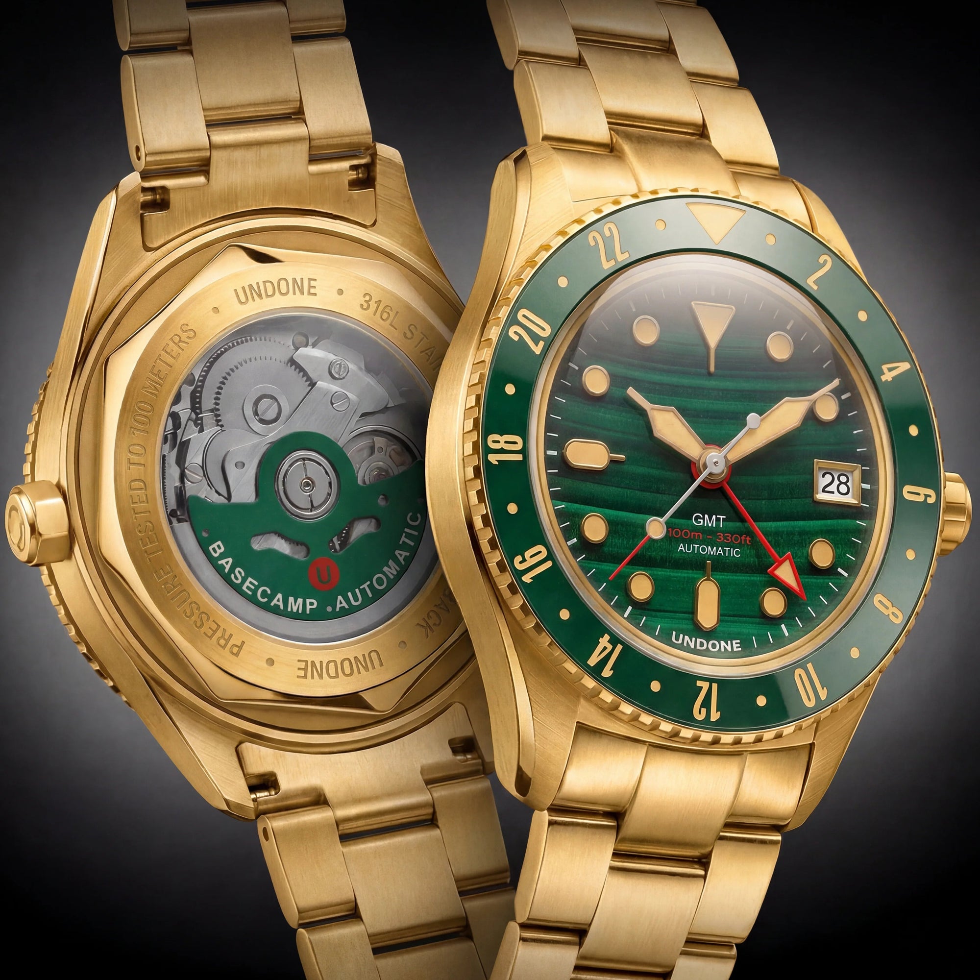 UNDONE Basecamp GMT Malachite Dial 孔雀石自動錶全金色