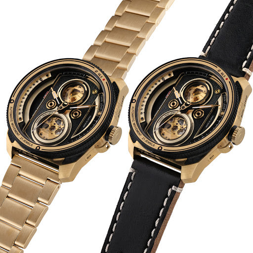 TACS ATL 復古黑金雙鏡頭自動錶 Automatic Twin Lens Retro 2002BZ Gold Limited Exclusive Box Set 黑色皮帶 + 金色鋼帶